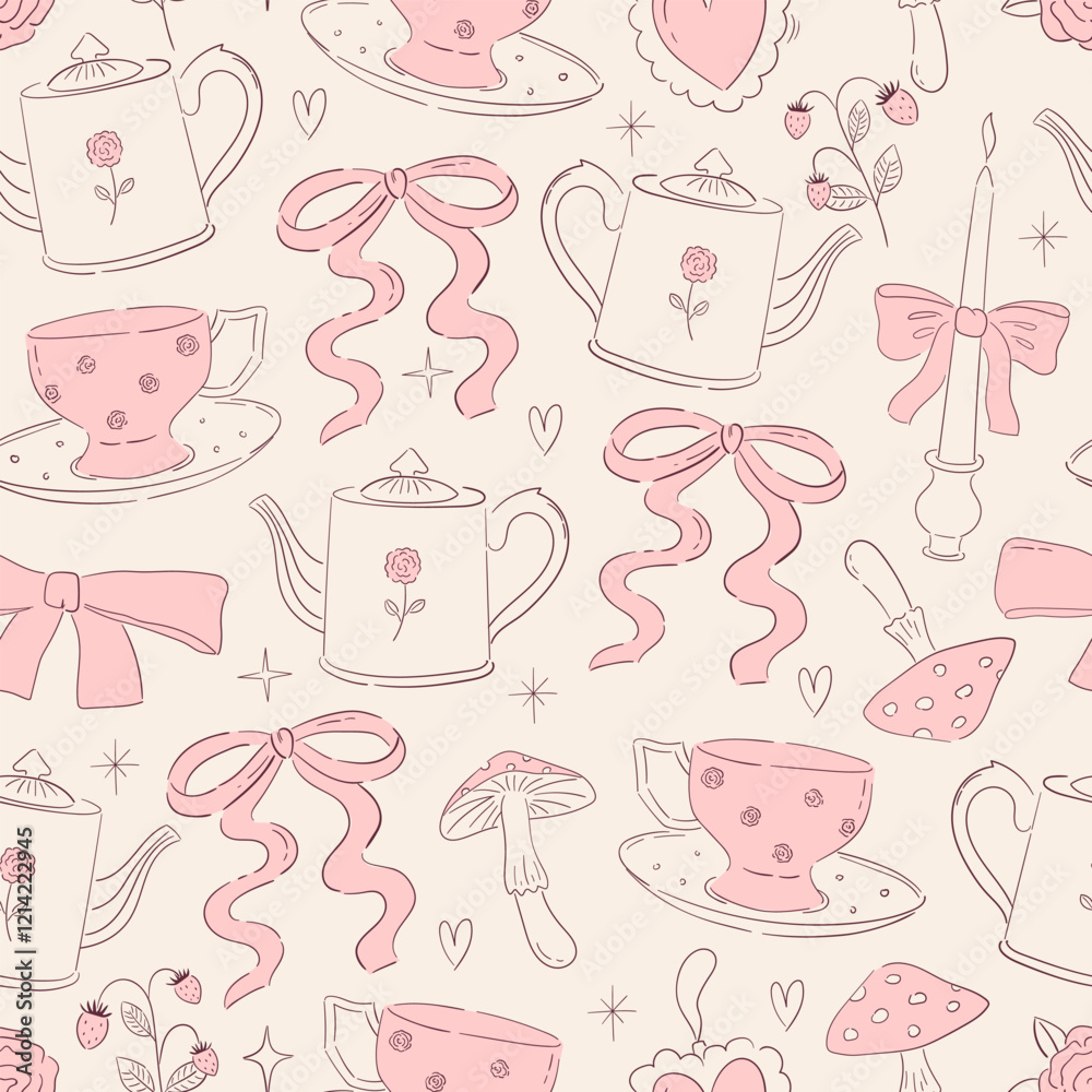 Seamless vector pattern with coquette elements for tea party. Background with line art illustrations of teapot, cup, bow, mushroom. Vintage whimsical texture for wallpaper, wrapping paper, textile