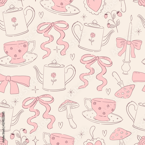 Seamless vector pattern with coquette elements for tea party. Background with line art illustrations of teapot, cup, bow, mushroom. Vintage whimsical texture for wallpaper, wrapping paper, textile