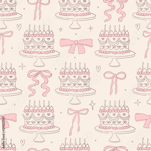 Seamless vector pattern with hand drawn line art cake with candles and bows. Background with dessert for valentine day, birthday, wedding. Vintage scribble wallpaper, wrapping paper, textile design