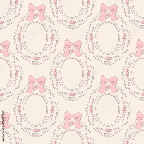 Seamless vector pattern with cute oval shaped vintage frame. Background with hand drawn coquette mirror. Line art wallpaper, wrapping paper, textile design