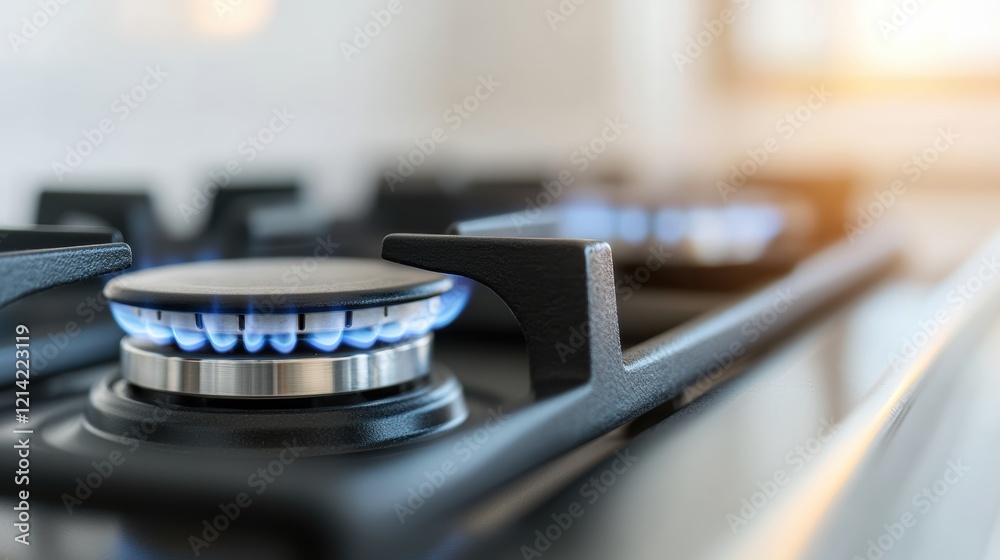 Close-up of a Modern Gas Cooktop Burner with Blue Flames. Close-up of a Modern Gas Cooktop Burner with Blue Flames.
