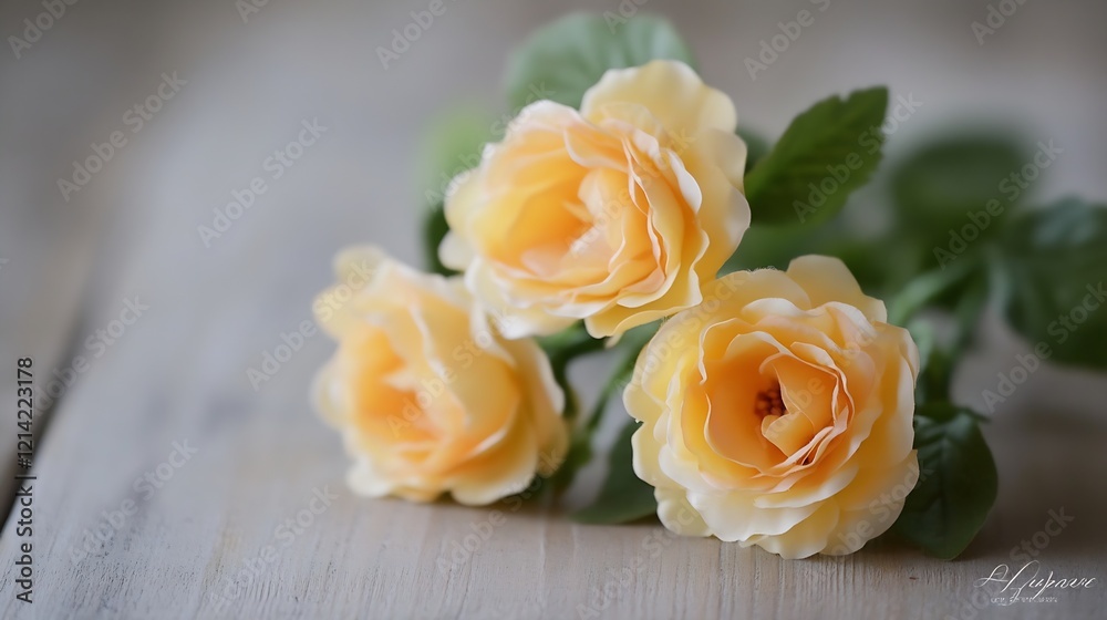 Charming Peachy Yellow Roses on Rustic Wooden Surface with Soft Focus Background : Generative AI Charming Peachy Yellow Roses on Rustic Wooden Surface with Soft Focus Background : Generative AI