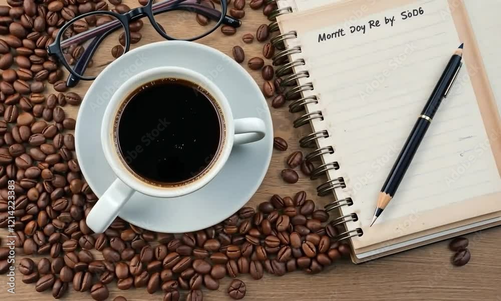 Flat lay of coffee, eyeglasses, notebook, and beans Flat lay of coffee, eyeglasses, notebook, and beans
