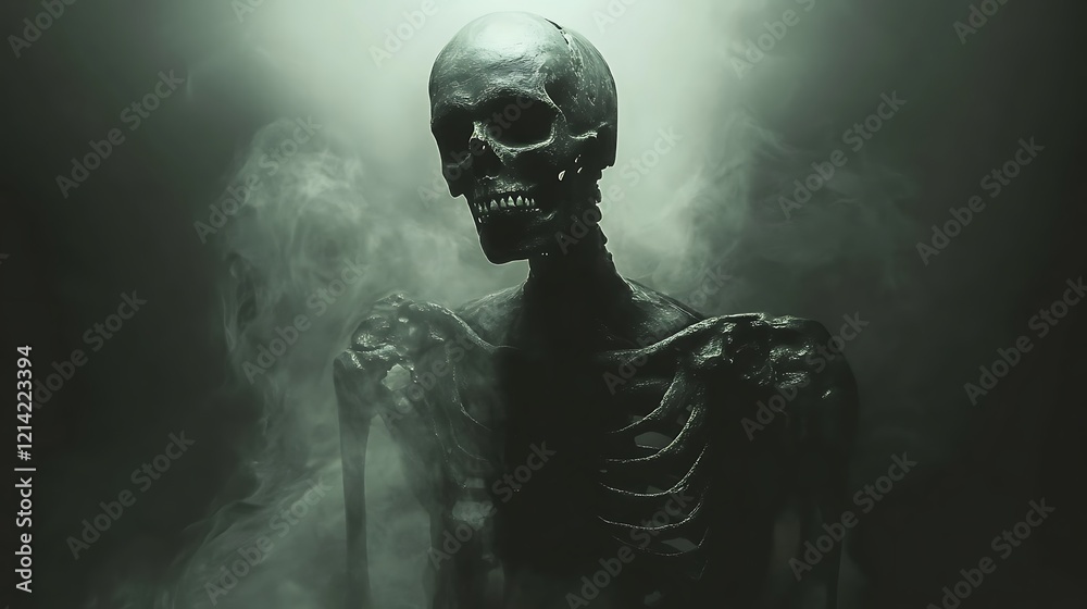 Haunting grim figure with skeletal features glowing softly through shadows creating eerie atmosphere Haunting grim figure with skeletal features glowing softly through shadows creating eerie atmosphere