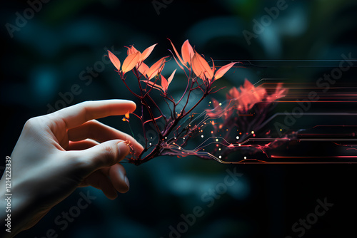 vibrant hand reaching toward an orange hued tree symbolizing the connection between energy technology and the environment fostering sustainability, harmony with nature.