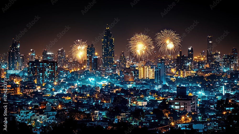 Fototapeta premium Vibrant Fireworks Display over a City at Night