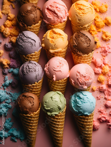 vibrant cone stacked with colorful scoops of chocolate strawberry vanilla green tea and blueberry ice cream sits against on pink background embodying the joy of fresh and sweet desserts.
