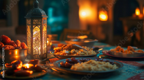 Traditional islamic ramadan kareem festive iftar food table decorated with dates and lanterns photo
