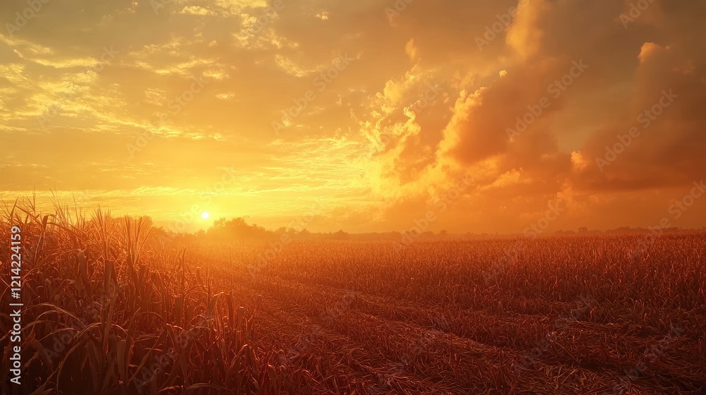 Sugarcane field and cloudy sky at sunset Sugarcane field and cloudy sky at sunset