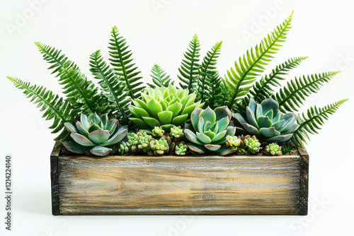 Lush fern and succulent arrangement in rustic wooden box on clean white background