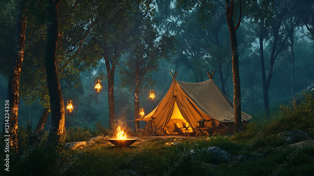 Hippie-style tent in the forest with lanterns and a fire pit Hippie-style tent in the forest with lanterns and a fire pit