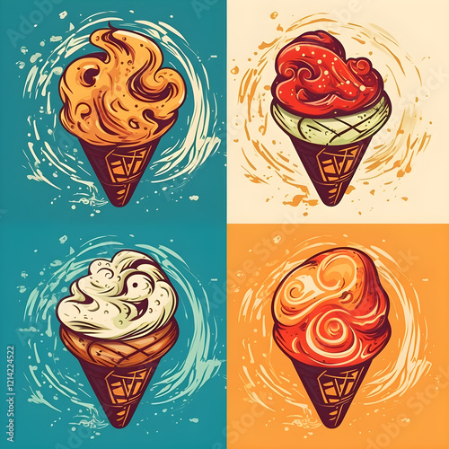 cartoon illustration of ice cream cone with vibrant colors, line art blending fun design and vector simplicity for cheerful dessert inspired artwork.