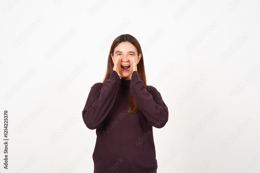 Hand over mouth shouting for to telling something announcement for sale promotion Of Beautiful Asian Woman Isolated On White Background Hand over mouth shouting for to telling something announcement for sale promotion Of Beautiful Asian Woman Isolated On White Background