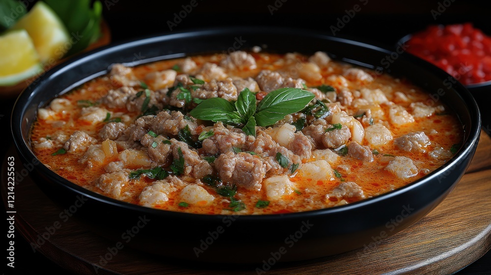 Spicy meat stew, dark background, garnish, recipe Spicy meat stew, dark background, garnish, recipe