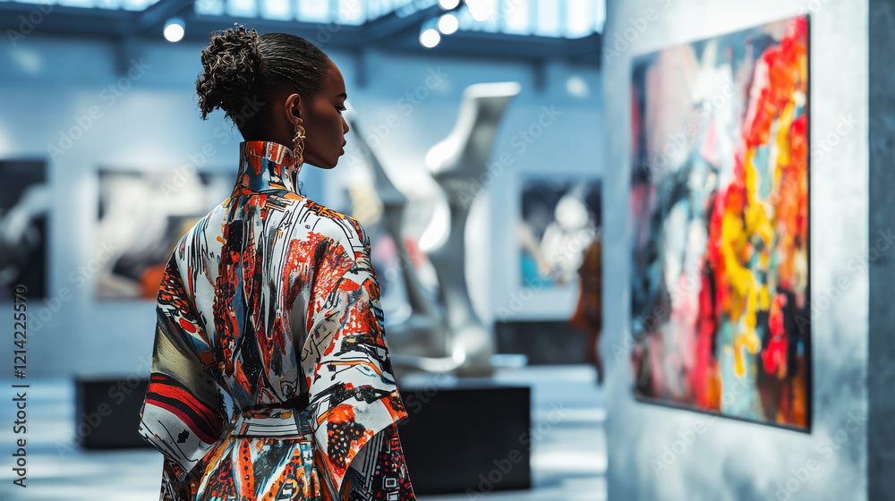 Artist in striking haute couture outfit showcases modern creativity at contemporary art exhibition Artist in striking haute couture outfit showcases modern creativity at contemporary art exhibition