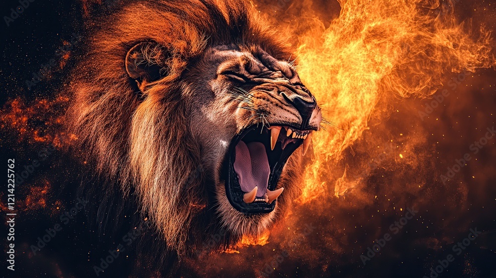 Naklejka premium Roaring lion engulfed in fiery flames.