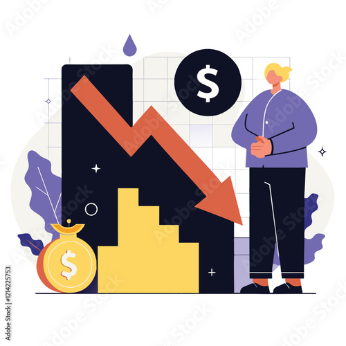 Financial downturn depicted by a declining graph and worried figure