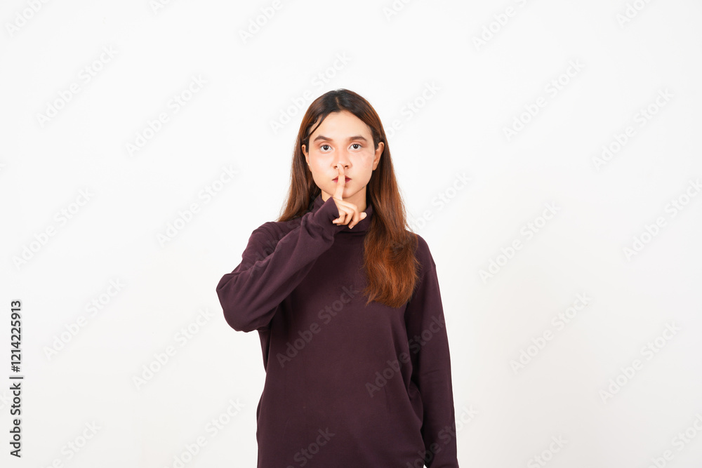 Making Shushing Gesture Of Beautiful Asian Woman Isolated On White Background Making Shushing Gesture Of Beautiful Asian Woman Isolated On White Background