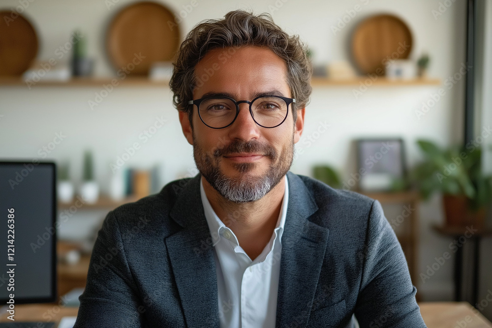 Portrait of a smiling man in a suit with a beard and glasses, seated at a modern office desk with arms crossed, featuring a computer and plants in a well-lit, professional workspace setting
Portrait of a smiling man in a suit with a beard and glasses, seated at a modern office desk with arms crossed, featuring a computer and plants in a well-lit, professional workspace setting