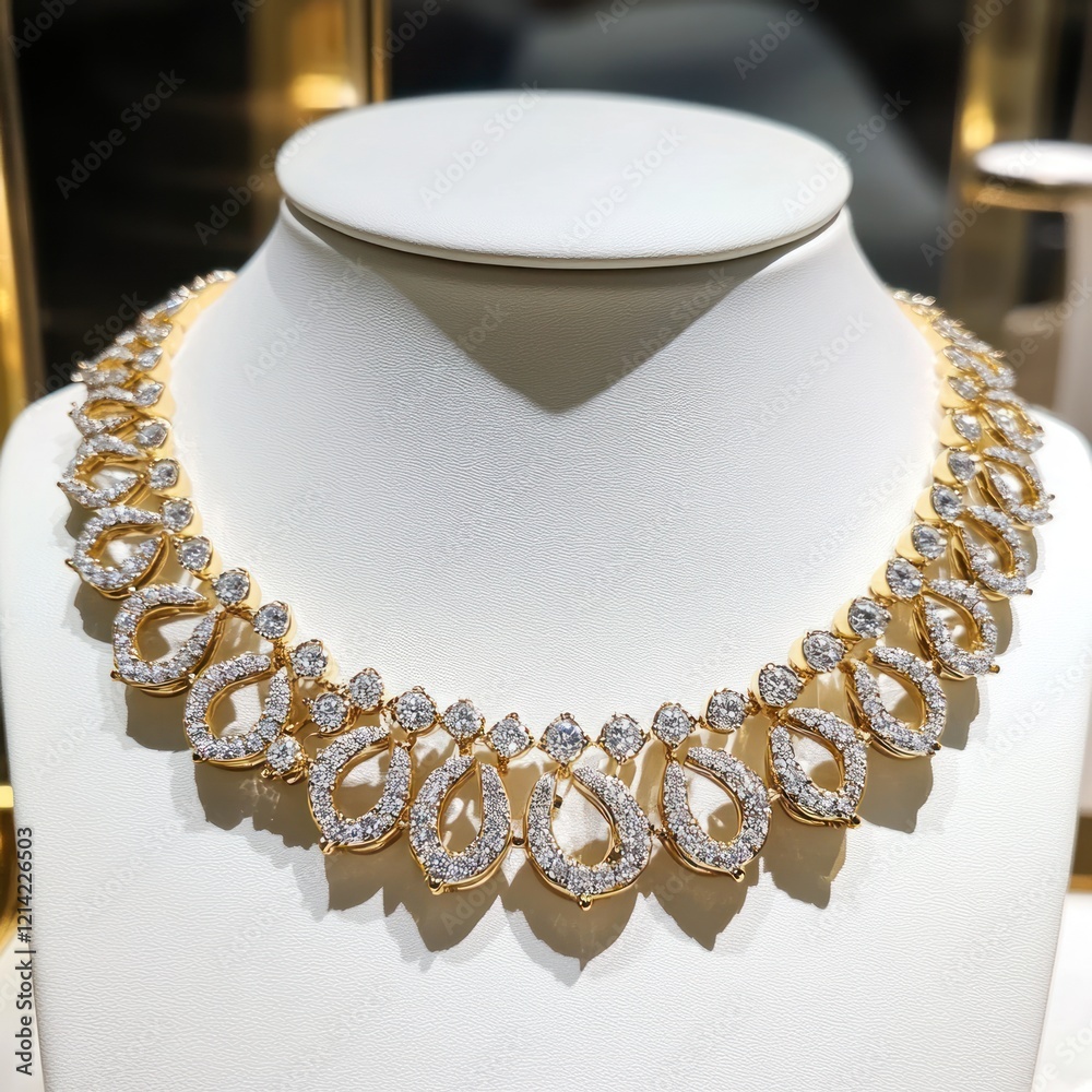 A stunning gold and silver necklace with diamond displayed on a white stand A stunning gold and silver necklace with diamond displayed on a white stand