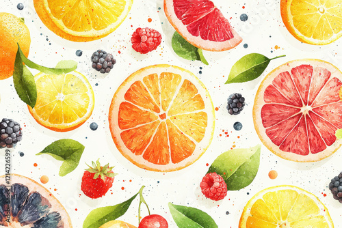 Artistic fruit pattern featuring watercolor-style citrus slices and berries in pastel hues on a white background
