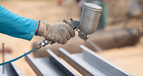 Construction worker painting metal structure surface coating with a spray gun at construction site. Metal corrosion and rust protection. Industrial precision. Protective coating to a metal structure.