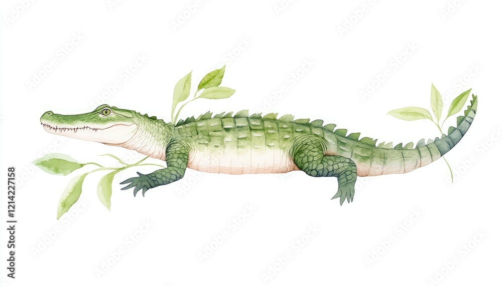 Detailed illustration of a crocodile resting among green leaves, showcasing its natural habitat in a serene setting