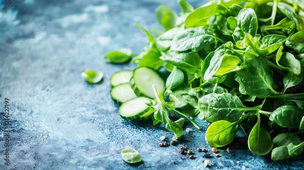Fresh Green Spinach Leaves and Sliced Cucumber on Rustic Surface for Healthy Cooking : Generative AI Fresh Green Spinach Leaves and Sliced Cucumber on Rustic Surface for Healthy Cooking : Generative AI