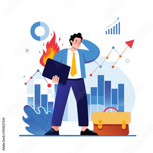Businessman facing a crisis with declining graphs and burning documents.