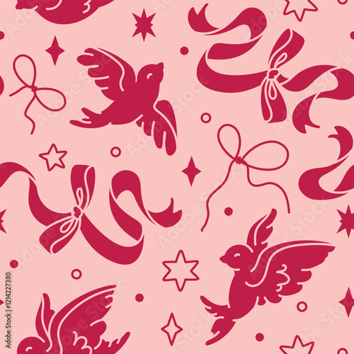 Romantic seamless pattern with stylized birds, gracefully coquette curving ribbons and stars. Monochrome color scheme. Soft, pale pink and vine hues. Flirty and playful background