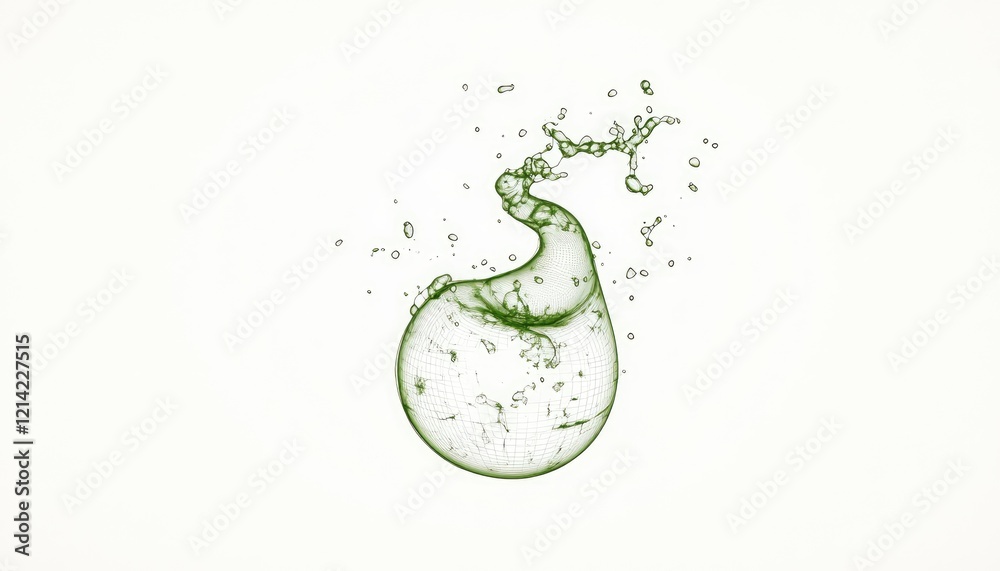 Fototapeta premium Abstract green liquid splash in a round container with water droplets against a light background