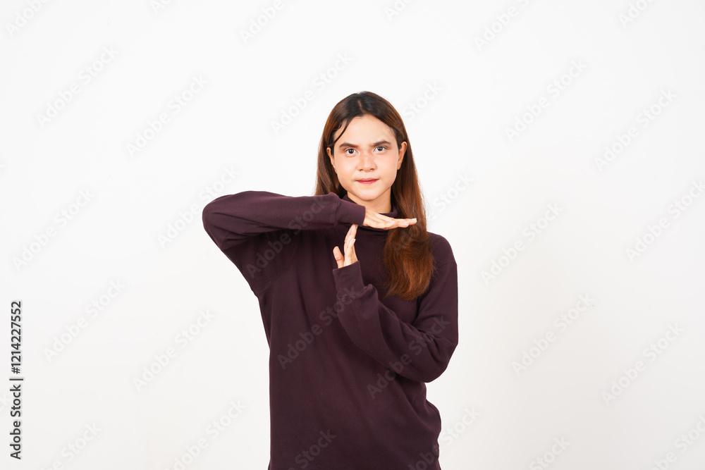 Doing time out hand sign Of Beautiful Asian Woman Isolated On White Background Doing time out hand sign Of Beautiful Asian Woman Isolated On White Background