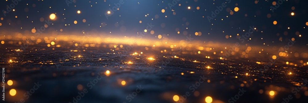 Naklejka premium Abstract Blue Background With Glowing Fairy Lights, Bokeh Effect, Festive Christmas Holiday Backdrop