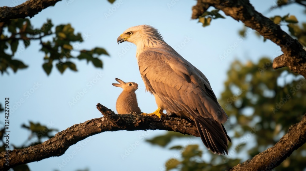 Eagle and rabbit perched on a tree branch at sunset.