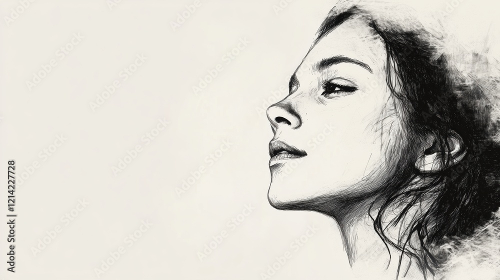 Fototapeta premium Black and white artistic sketch representing a woman face, creating a sense of elegance and mystery