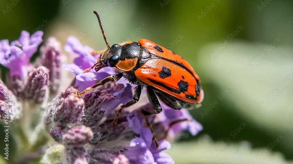 Red beetle on purple flower showcasing pollination in a natural garden setting : Generative AI Red beetle on purple flower showcasing pollination in a natural garden setting : Generative AI