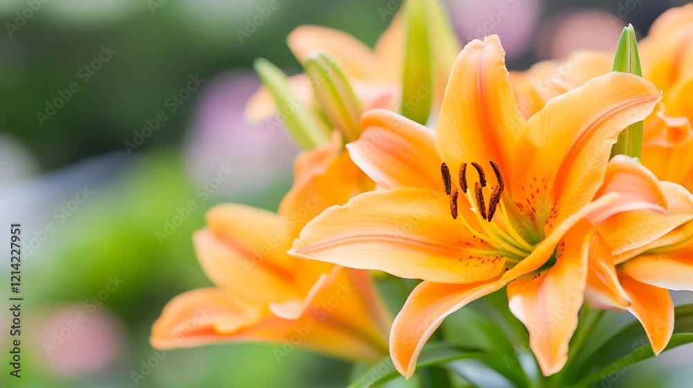 Vibrant orange lilies in full bloom with blurred green background : Generative AI Vibrant orange lilies in full bloom with blurred green background : Generative AI