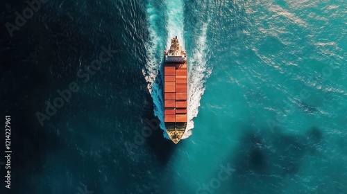 Cargo ship carrying containers sailing on open sea, creating a wake behind, aerial top view