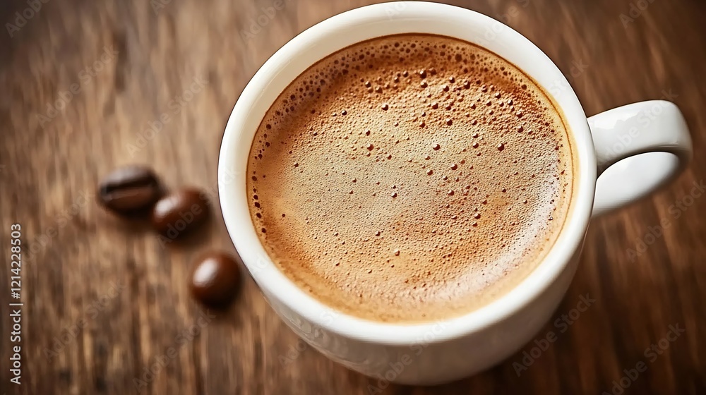 Perfectly Brewed Espresso with Creamy Froth in White Mug on Brown Tabletop : Generative AI
