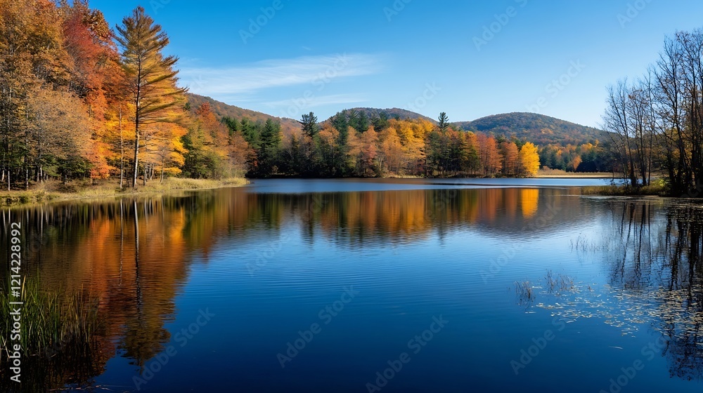 Serene Lake with Autumn Trees Reflecting in Clear Water Under Blue Sky : Generative AI Serene Lake with Autumn Trees Reflecting in Clear Water Under Blue Sky : Generative AI