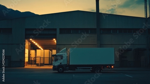 white truck parked in front of an industrial logistics building in the evening sunset