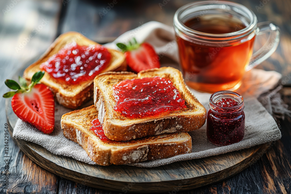 Rustic toast with strawberry jam and a cup of tea set on a wooden table enhances morning enjoyment Rustic toast with strawberry jam and a cup of tea set on a wooden table enhances morning enjoyment