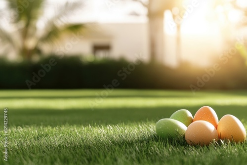 commercial photography for advertising campaign showcasing colorful easter eggs hidden among grass with blurred garden photo