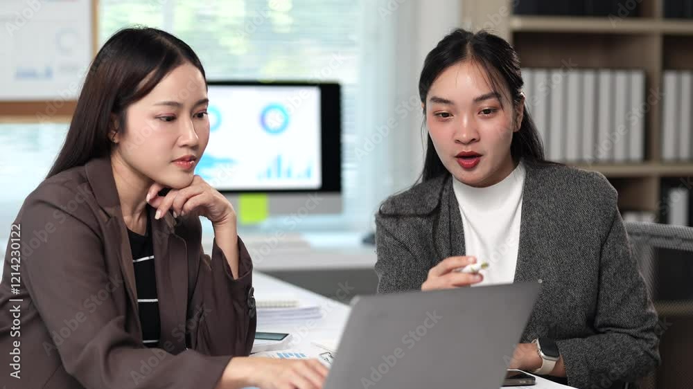 Two Asian businesswomen work together using laptop and documents, sharing ideas and collaborating on a project in a modern office environment Two Asian businesswomen work together using laptop and documents, sharing ideas and collaborating on a project in a modern office environment