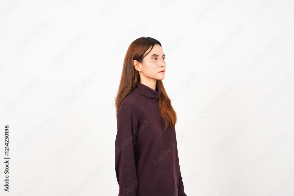 Side view standing with serious face Of Beautiful Asian Woman Isolated On White Background Side view standing with serious face Of Beautiful Asian Woman Isolated On White Background