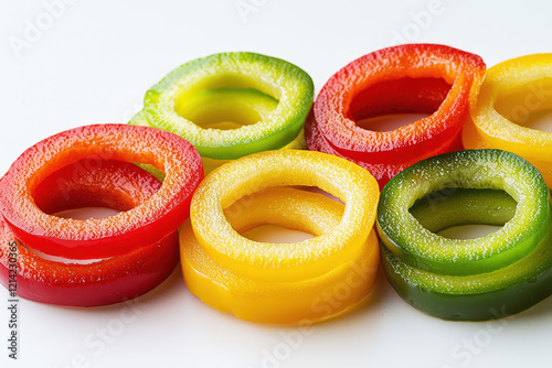 Beautifully arranged thinly sliced bell pepper rings in vibrant colors on a white background create an appealing culinary display photo