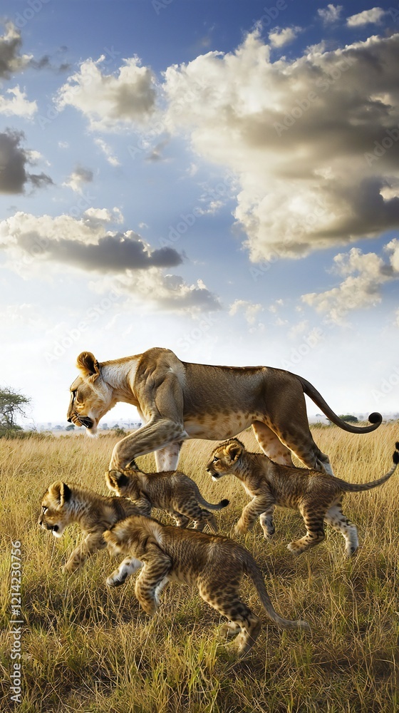 Obraz premium Phone Wallpaper Majestic Lioness Leading Cubs Across African Savanna Under Dramatic Sky