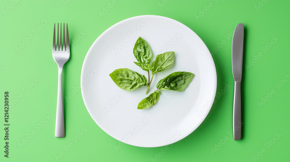 A plate with basil leaves on it, a fork and knife beside it, flat lay. The concept of flexitarianism A plate with basil leaves on it, a fork and knife beside it, flat lay. The concept of flexitarianism
