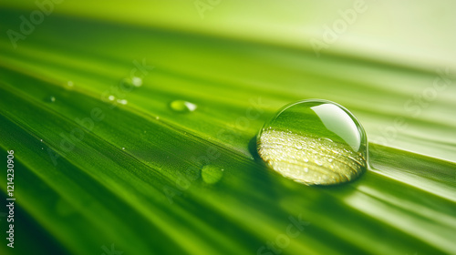 A water droplet on the edge of a green leaf