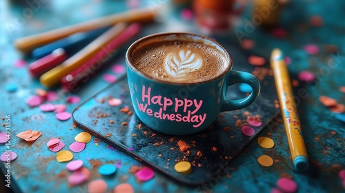 Happy Wednesday Coffee Mug with Colorful Confetti and Pens